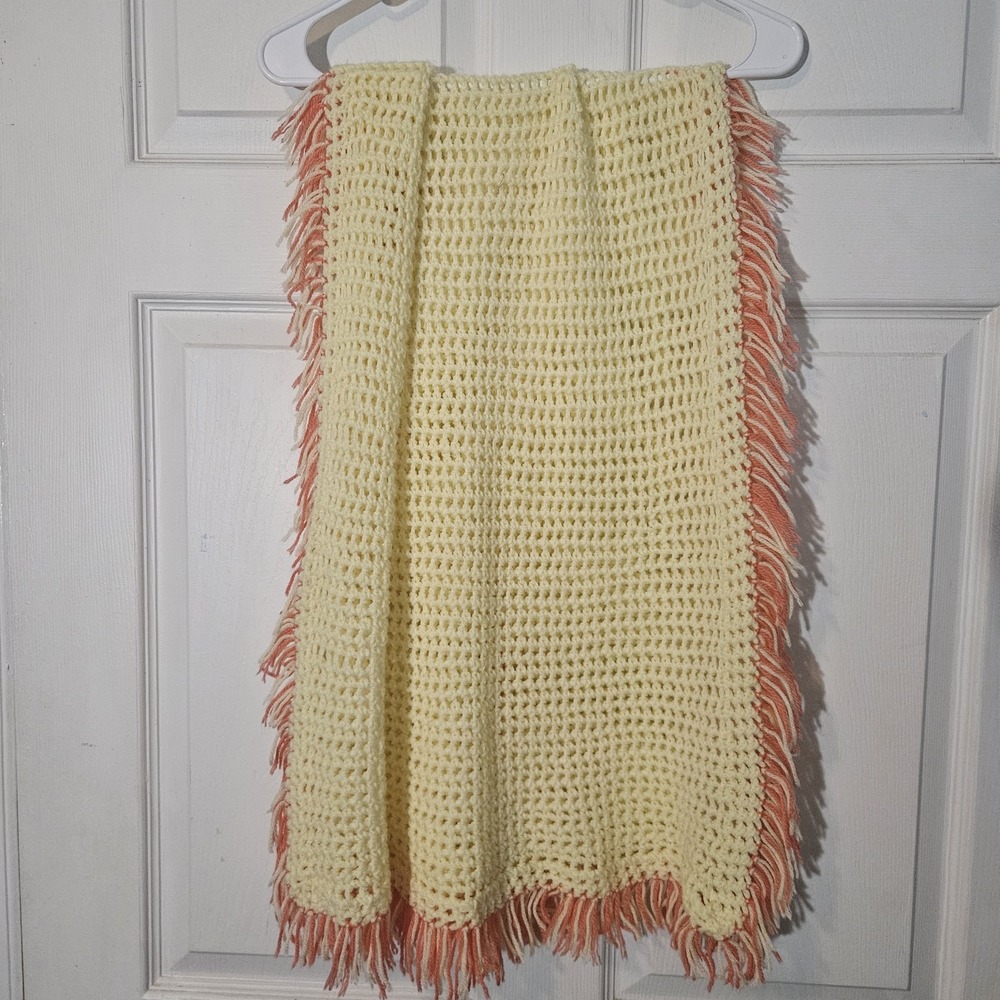 Chrochet Handmade Granny Shawl Lap Blanket Table Runner Yellow Coral Fringe - Picture 7 of 7